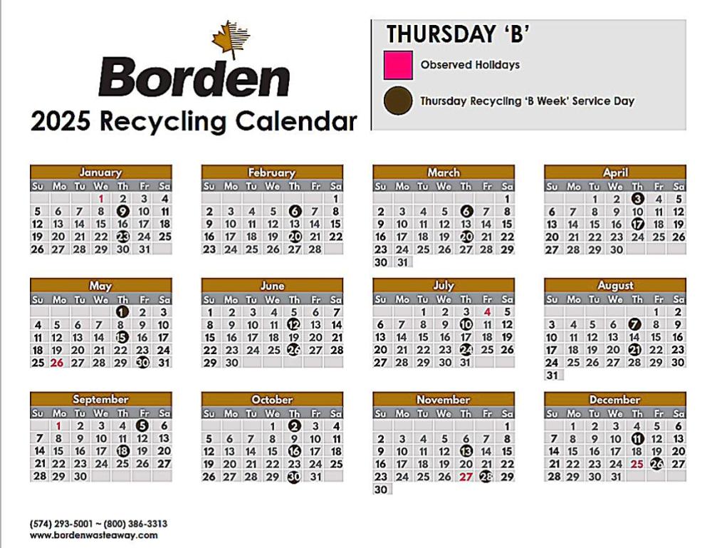 Thursday B Recyling Calendar