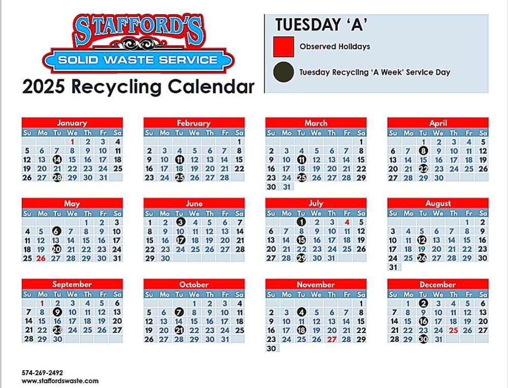 2025 Tuesday A Winona Lake Recycling Schedule