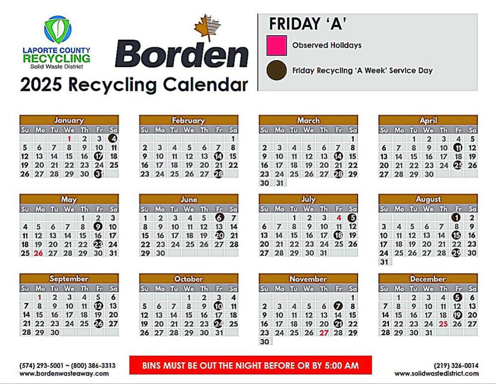 2025 Frday A La Porte Recycling Schedule