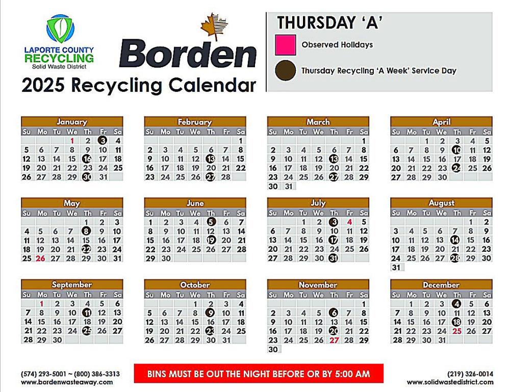 2025 Thursday A La Porte Recycling Schedule