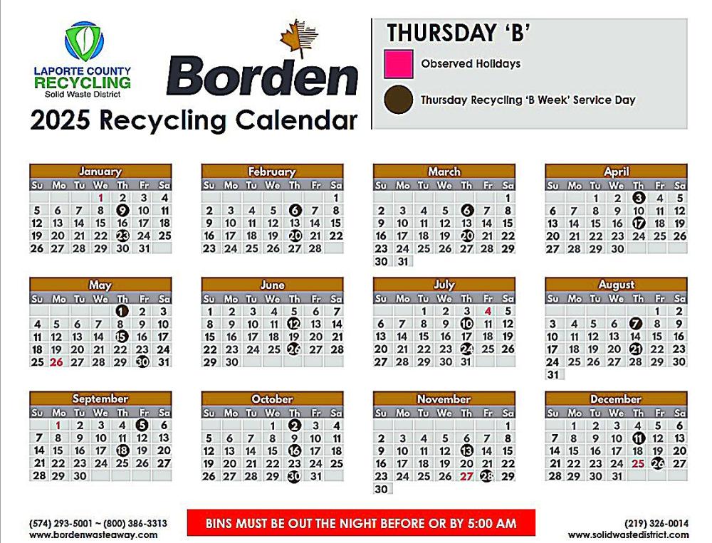 2025 Thursday B La Porte Recycling Schedule