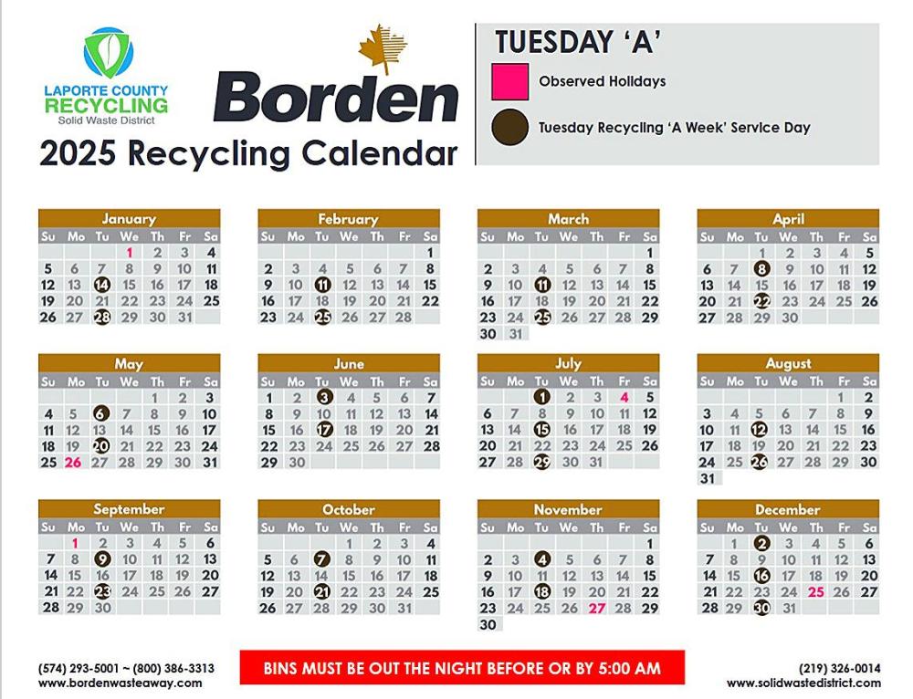 2025 Tuesday A La Porte Recycling Schedule