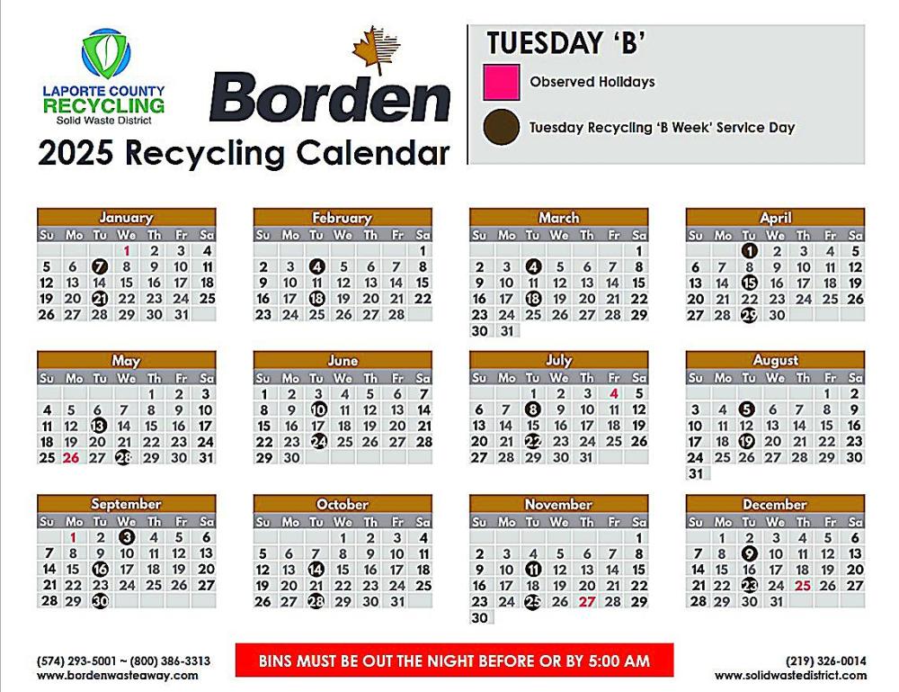 2025 Tuesday B La Porte Recycling Schedule