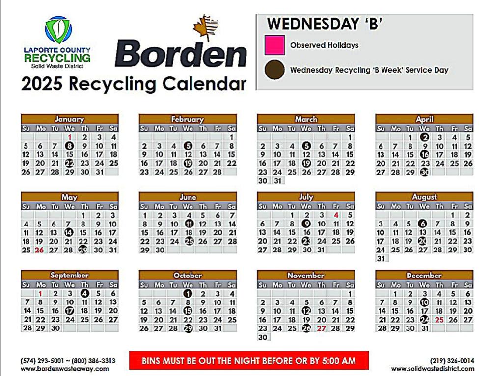 2025 Wednesday B La Porte Recycling Schedule